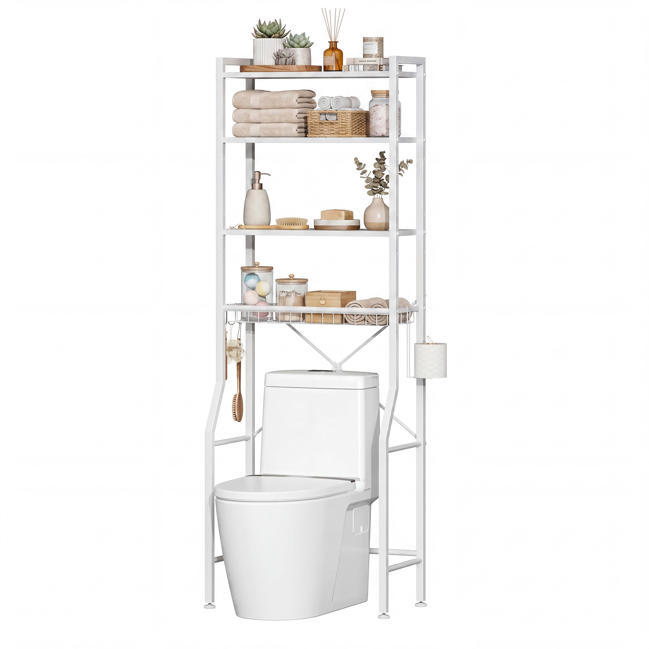 CONCETTA 4-Tier over the Toilet Bathroom Storage Rack, Adjustable Space Saver Organizer with Shelves, Basket & Hooks, White