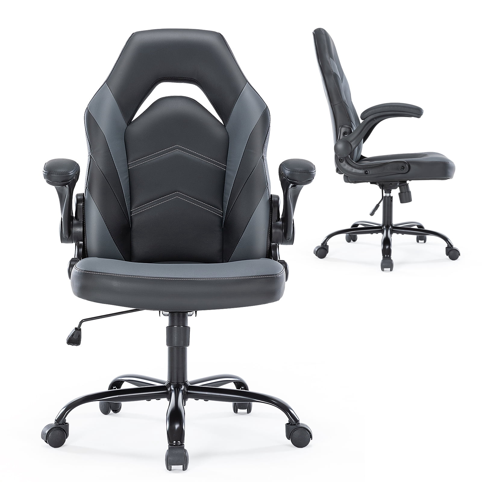 CONCETTA PU Leather Computer Gaming Desk Chair, Ergonomic Adjustable Swivel Racing Chair with Flip-up Armrest, Black Grey