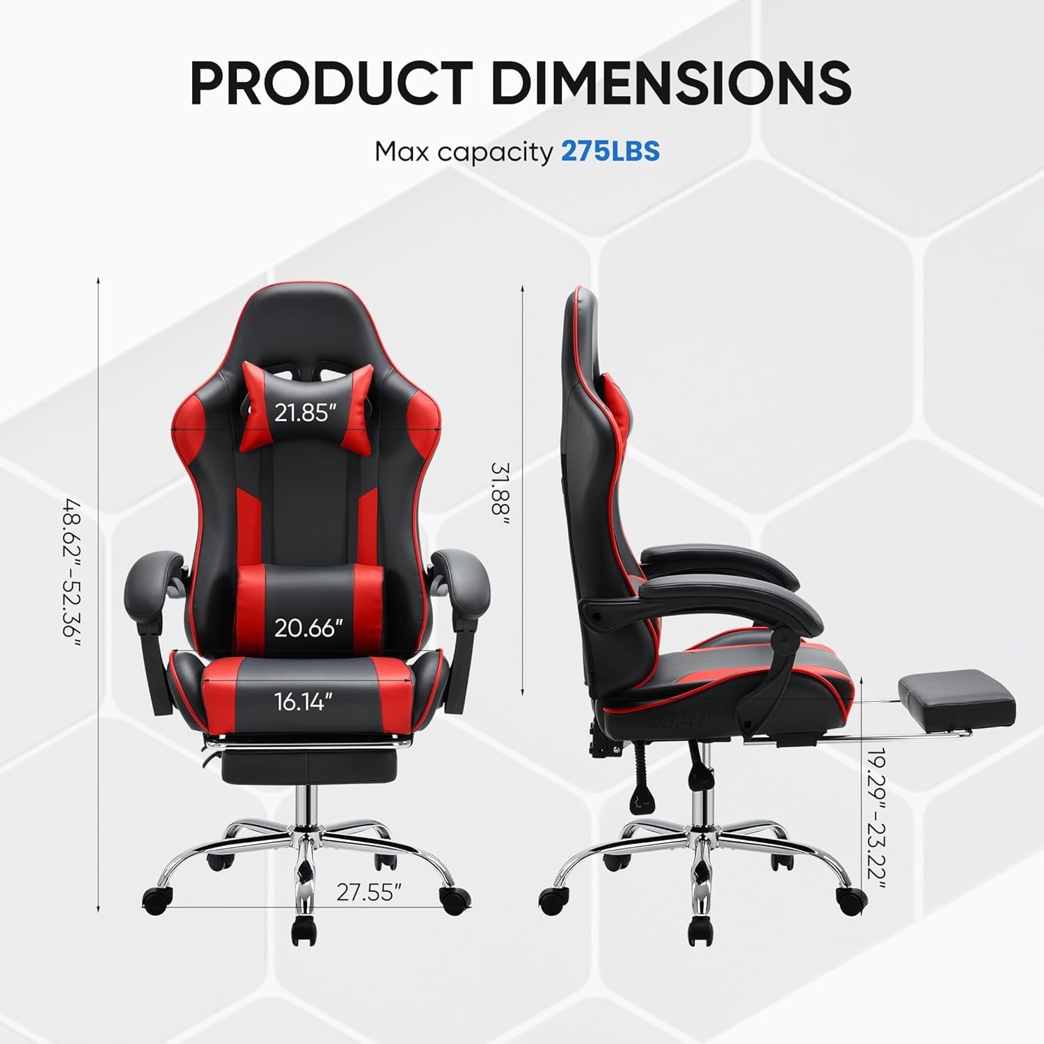 CONCETTA PU Leather Ergonomic Gaming Desk Chair, With Footrest, Lumbar Support, Headrest, Fixed Armrests, Height Adjustable, 360° Swivel, for Adults, Red