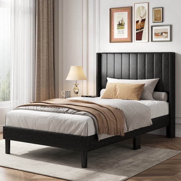 CONCETTA Twin Size Bed Frame with Wingback PU Upholstered Headboard and Wooden Slats Support, No Box Spring Needed, Easy Assembly, Black