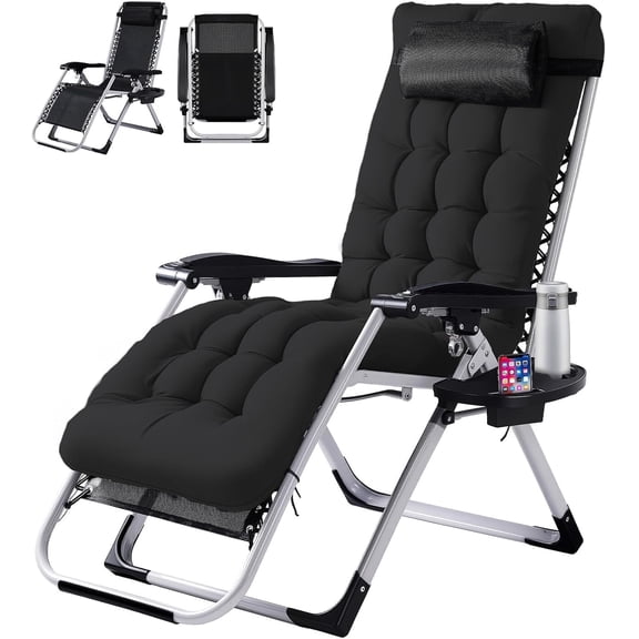CONCETTA Padded Zero Gravity Chair, Lounge Chair with Removable Cushion and Trays,Folding Patio Chair, Lawn Lounger, Black