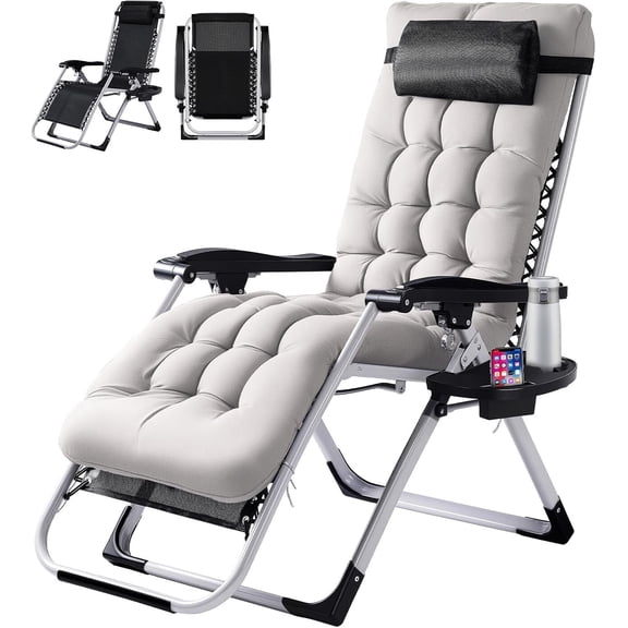 CONCETTA Padded Zero Gravity Chair, Lounge Chair with Removable Cushion and Trays,Folding Patio Chair, Lawn Lounger, Gray