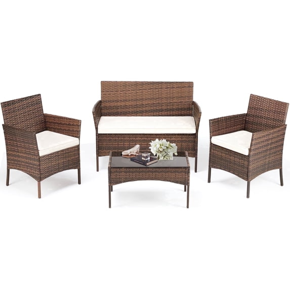 CONCETTA Patio Wicker Chair 4-Piece Set with Table Patio Furniture Living Room Set, Wicker Material, Brown