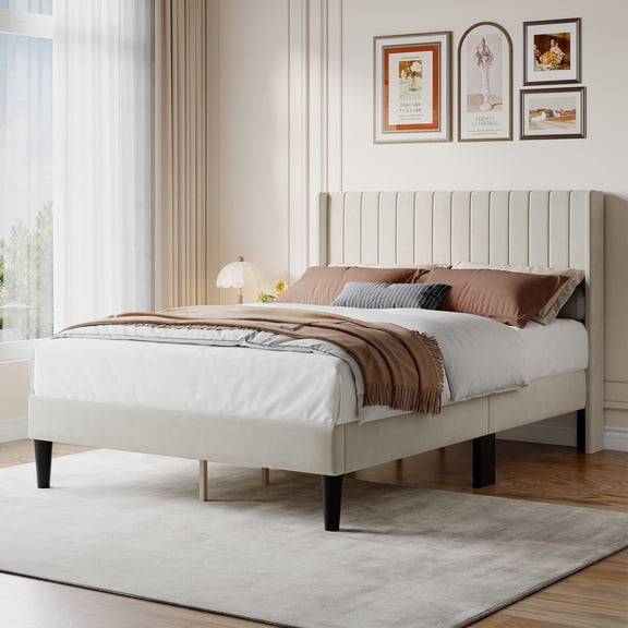 CONCETTA Full Size Bed Frame with Wingback Fabric Upholstered Headboard and Wooden Slats Support, No Box Spring Needed, Easy Assembly, Beige