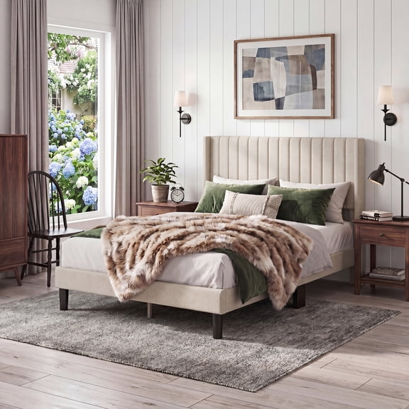 CONCETTA Full Size Bed Frame with Wingback Fabric Upholstered Headboard and Wooden Slats Support, No Box Spring Needed, Easy Assembly, Beige