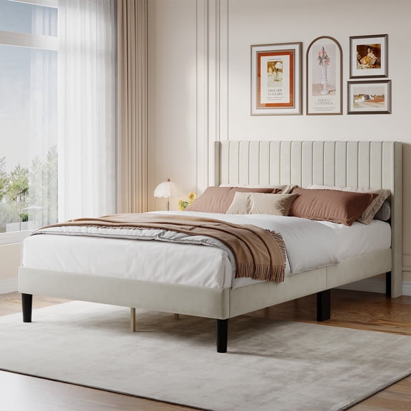 CONCETTA Queen Size Bed Frame with Wingback Fabric Upholstered Headboard and Wooden Slats Support, No Box Spring Needed, Easy Assembly, Beige