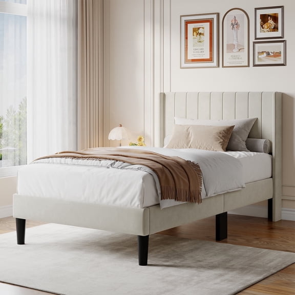 CONCETTA Twin Size Bed Frame with Wingback Fabric Upholstered Headboard and Wooden Slats Support, No Box Spring Needed, Easy Assembly, Beige