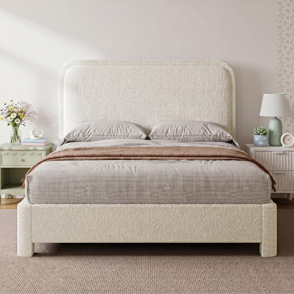 CONCETTA Queen Bed Frame with Boucle Upholstery, Modern Platform Bed with Headboard, Soft Rounded Corners, No Box Spring Needed, Easy Assembly, White
