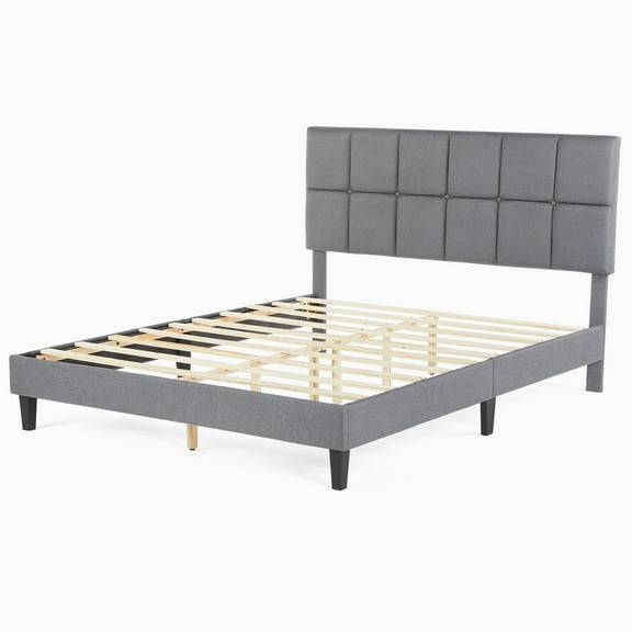 CONCETTA Queen Size Bed Frame, 800LBS Wooden Slats Support, Fabric Upholstered Platform Bed with Adjustable Headboard and No Box Spring Needed, Grey