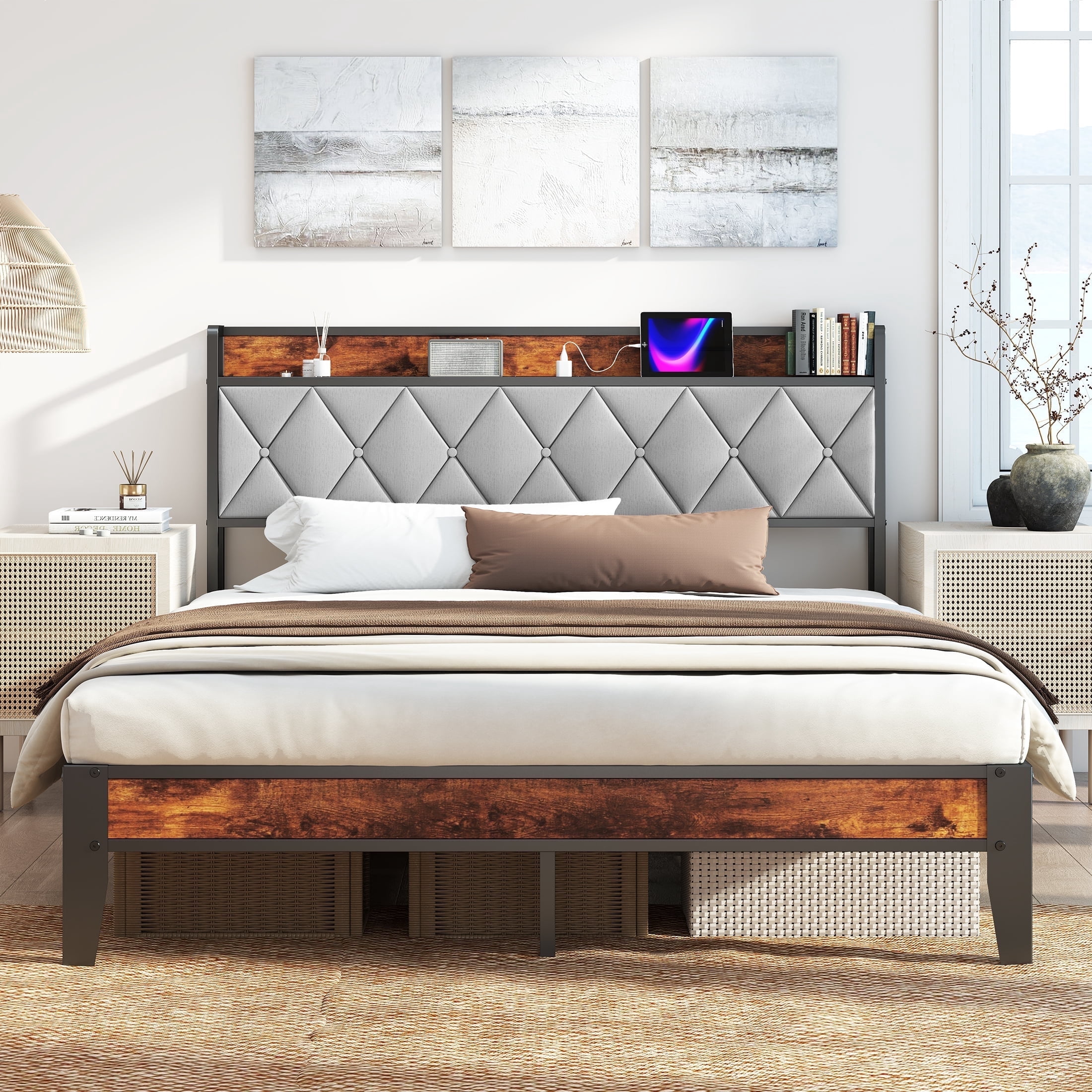 CONCETTA Queen Bed Frame, Heavy Duty Metal, Storage Headboard with Charging Station, Noise Free, No Spring Box Required, 880lbs Capacity