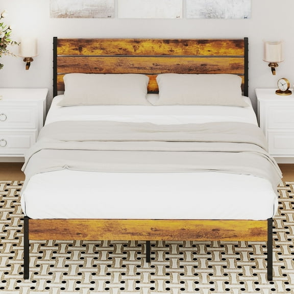 CONCETTA Queen Metal Platform Bed, No Box Spring, Headboard & Footboard, 800lbs Capacity, Rust