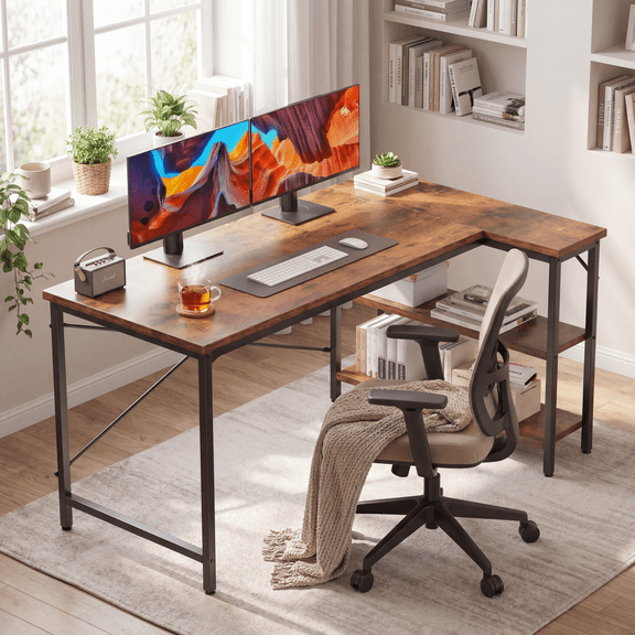 CONCETTA 47 inch L Shaped Desk with Reversible Storage Shelves, 154 lbs Capacity Computer Corner Desk for Home Office, Gaming & Writing, Rust Brown