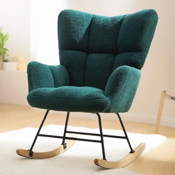CONCETTA Rocking Chair Nursery, Teddy Upholstered Glider Rocker with High Backrest, Reading Chair Modern Rocking Accent Chairs Glider Recliner, Green