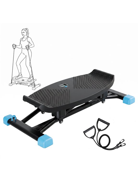 Rocking Stepper Exercise Machine with LCD Monitor & Resistance Bands, 220 lbs Capacity Ski Balance Trainer for Full Body Workout at Home Gym, Black-Blue