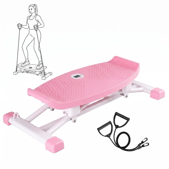 CONCETTA Rocking Stepper Exercise Machine with LCD Monitor & Resistance Bands, 220 lbs Capacity Ski Balance Trainer for Full Body Workout at Home Gym, Pink-White