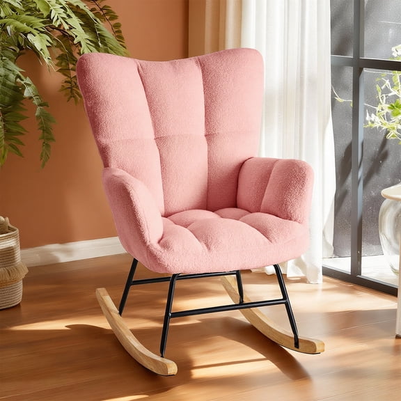 CONCETTA Rocking Teddy Fabric Glider Chair, High Back Armchair with Comfortable Side Pockets, Modern Rocker for Living Room, Nursery, Office - Pink