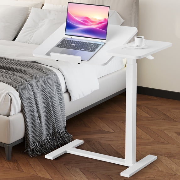 CONCETTA Rolling Overbed Table, MDF Particleboard, Adjustable Height, Mobile Laptop Drafting Desk with Overbed Table and Wheels, White