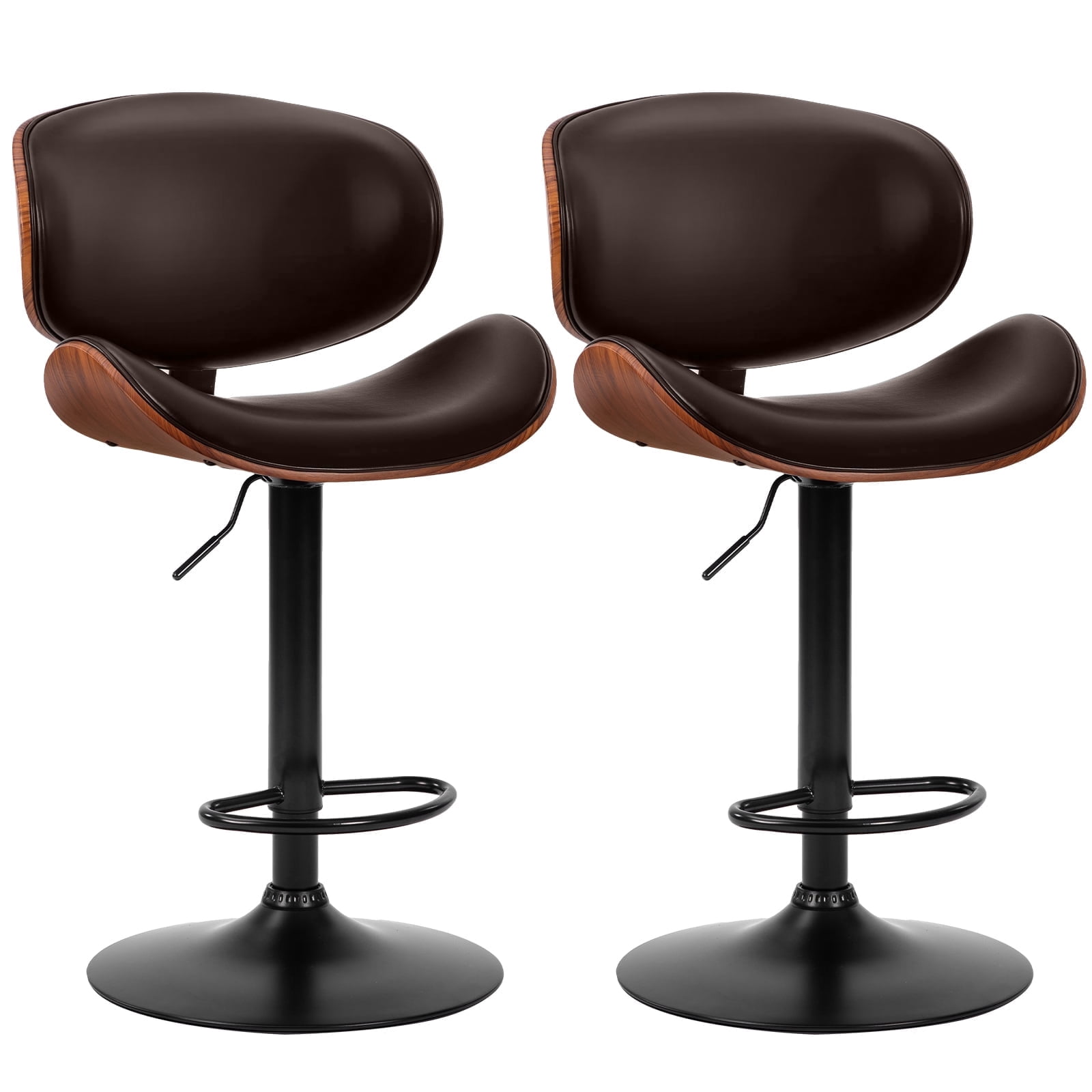 CONCETTA Swivel Bar Stool Set of 2 Pack, Adjustable Height, PU Leather Seat with Anti-slip Rubber Base, Brown