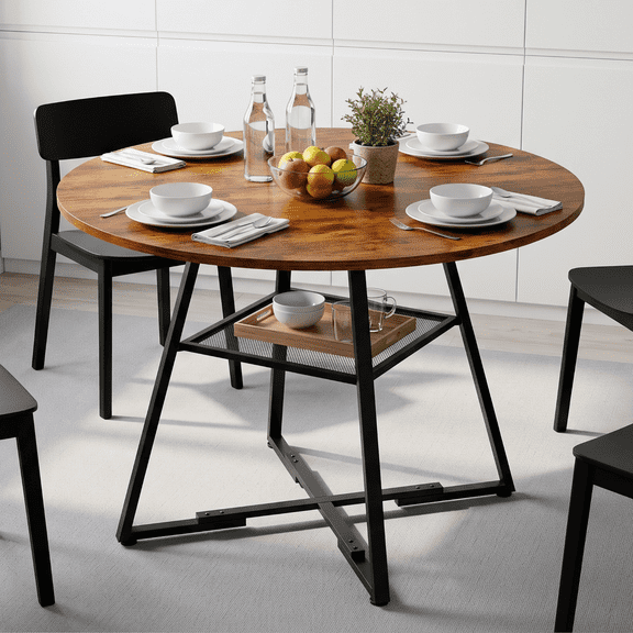 SHOUFTW 42 Inch Round Dining Table for 4-6, Farmhouse Kitchen & Dining Room Table with Dual-Tier Storage Shelf, Heavy-Duty Pedestal Metal Frame, Space-Saving Circular Table for Apartment, Rust