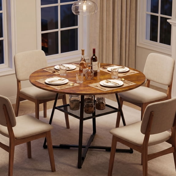 CONCETTA 42 Inch Round Dining Table for 4-6, Farmhouse Kitchen & Dining Room Table with Dual-Tier Storage Shelf, Heavy-Duty Pedestal Metal Frame, Space-Saving Circular Table for Apartment, Rust