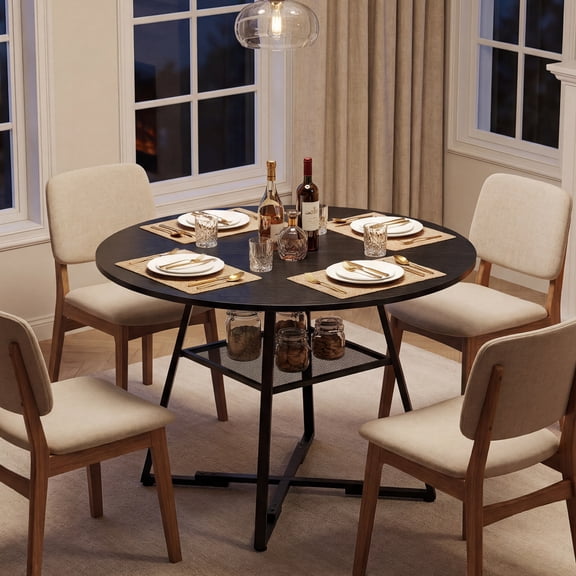 CONCETTA 42 Inch Round Dining Table for 4-6, Farmhouse Kitchen & Dining Room Table with Dual-Tier Storage Shelf, Heavy-Duty Pedestal Metal Frame, Space-Saving Circular Table for Apartment, Black