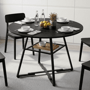 SHOUFTW 42 Inch Round Dining Table for 4-6, Farmhouse Kitchen & Dining Room Table with Dual-Tier Storage Shelf, Heavy-Duty Pedestal Metal Frame, Space-Saving Circular Table for Apartment, Black