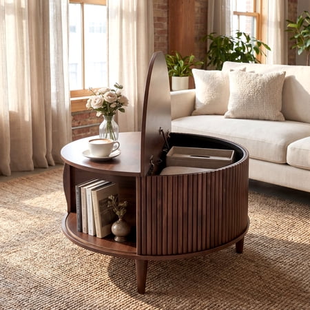 CONCETTA Round Flip-Top Coffee Table with Storage, Modern Farmhouse Style Center Table for Living Room, Natural Wood, Brown