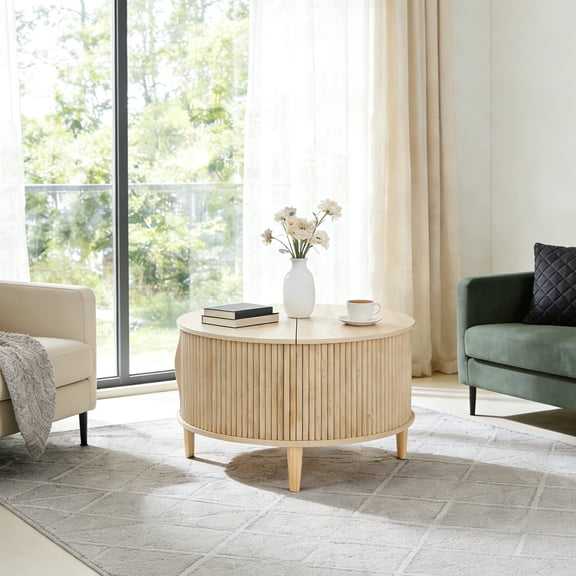 CONCETTA Round Flip-Top Coffee Table with Storage, Modern Farmhouse Style Center Table for Living Room, Natural Wood, Brown