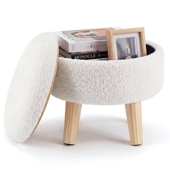 CONCETTA Round Storage Ottoman with Soft Padded Seat, Teddy Velvet Footstool with Wood Legs, Accent Ottoman for Living Room & Entryway, Beige