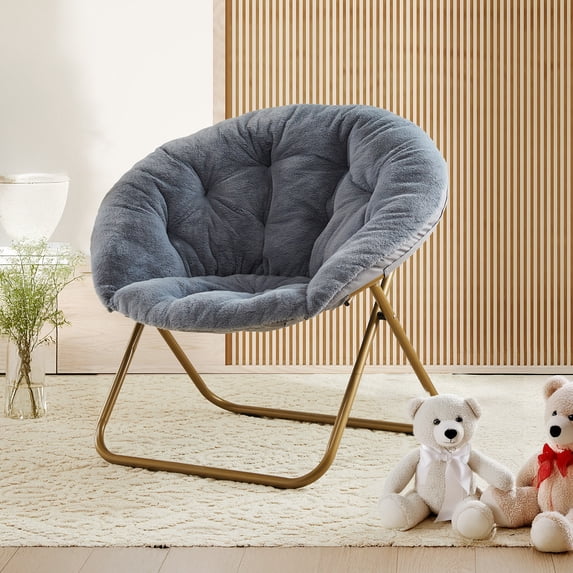 CONCETTA Folding Saucer Chair, Round X-Large Faux Fur Comfy for Lounge, Bedroom, Adults, Gray