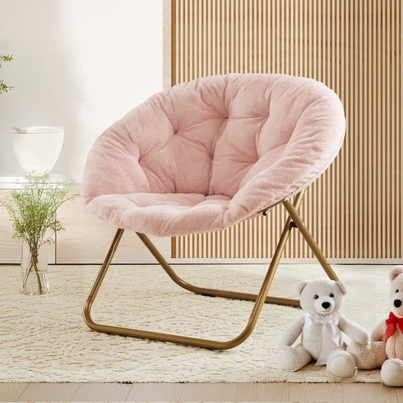 CONCETTA Folding Saucer Chair, Round X-Large Faux Fur Comfy for Lounge, Bedroom, Adults, Pink