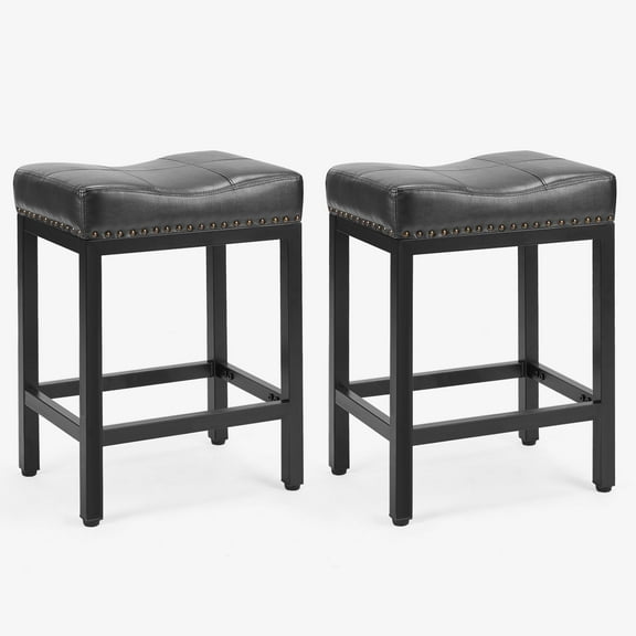 CONCETTA Set of 2 Bar Stools - 24in Counter Height, Metal Base & PU Leather Seats, Black