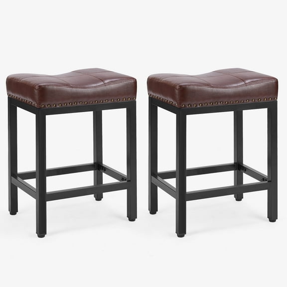CONCETTA Set of 2 Bar Stools - 24in Counter Height, Metal Base & PU Leather Seats, Brown