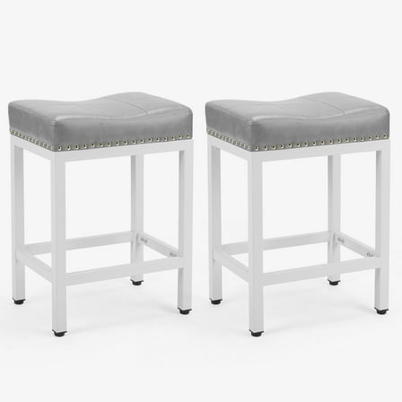 CONCETTA Set of 2 Bar Stools - 24" Counter Height, Metal Base & PU Leather Seats, Gray