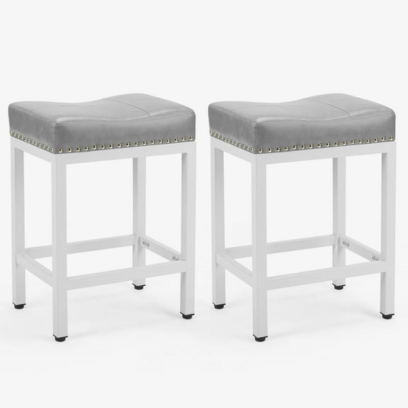 CONCETTA Set of 2 Bar Stools - 24" Counter Height, Metal Base & PU Leather Seats, Gray
