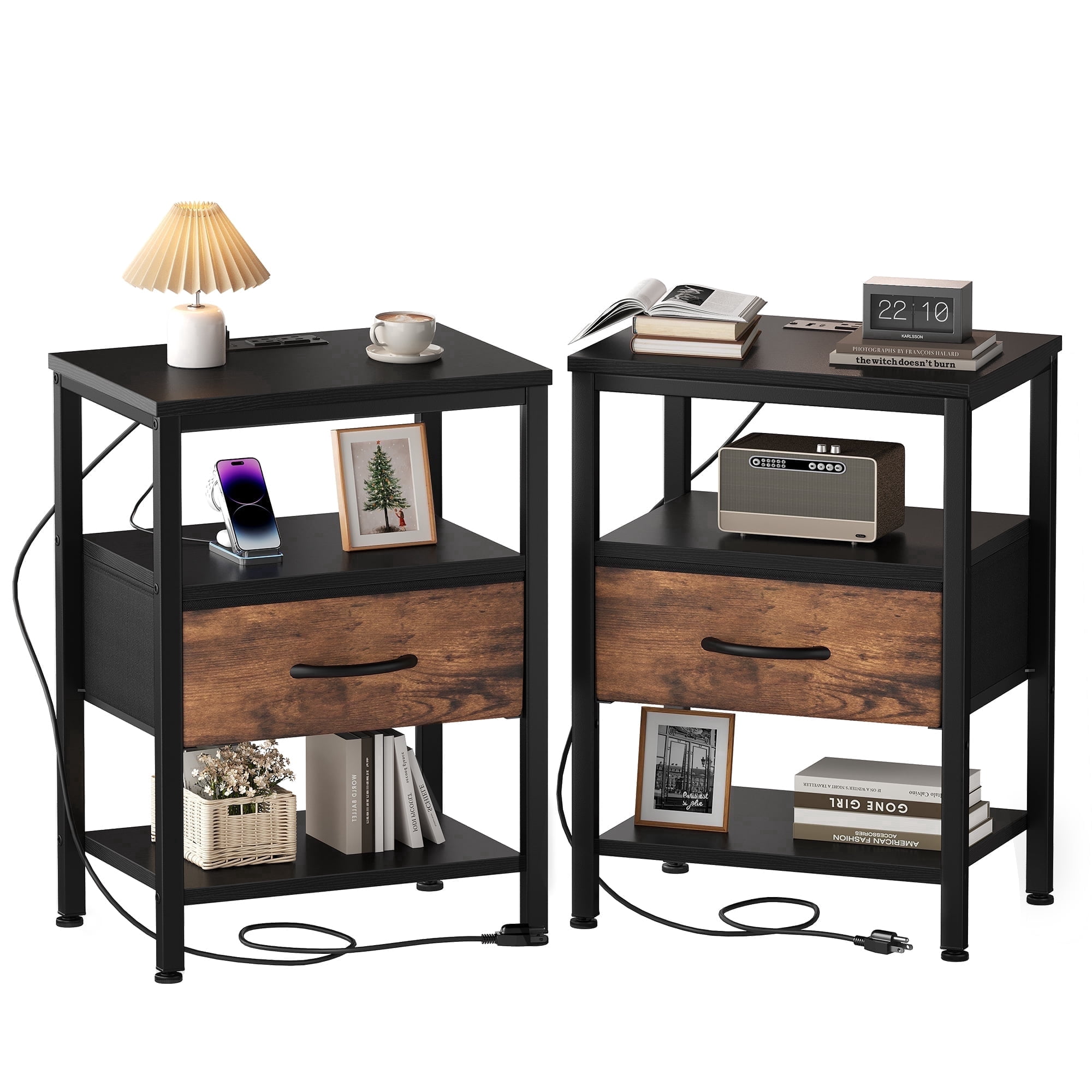 Mini Computer Night Stand CONCETTA Set of 2 Small Night Stand with Charging Station, 1 Fabric ...
