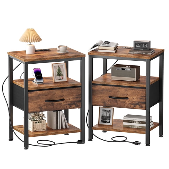 CONCETTA Set of 2 Small Night Stand with Charging Station, 1 Fabric Drawer, USB Ports and Outlets, Open Storage Shelf Bedside End Table for Bedroom, Rustic Brown