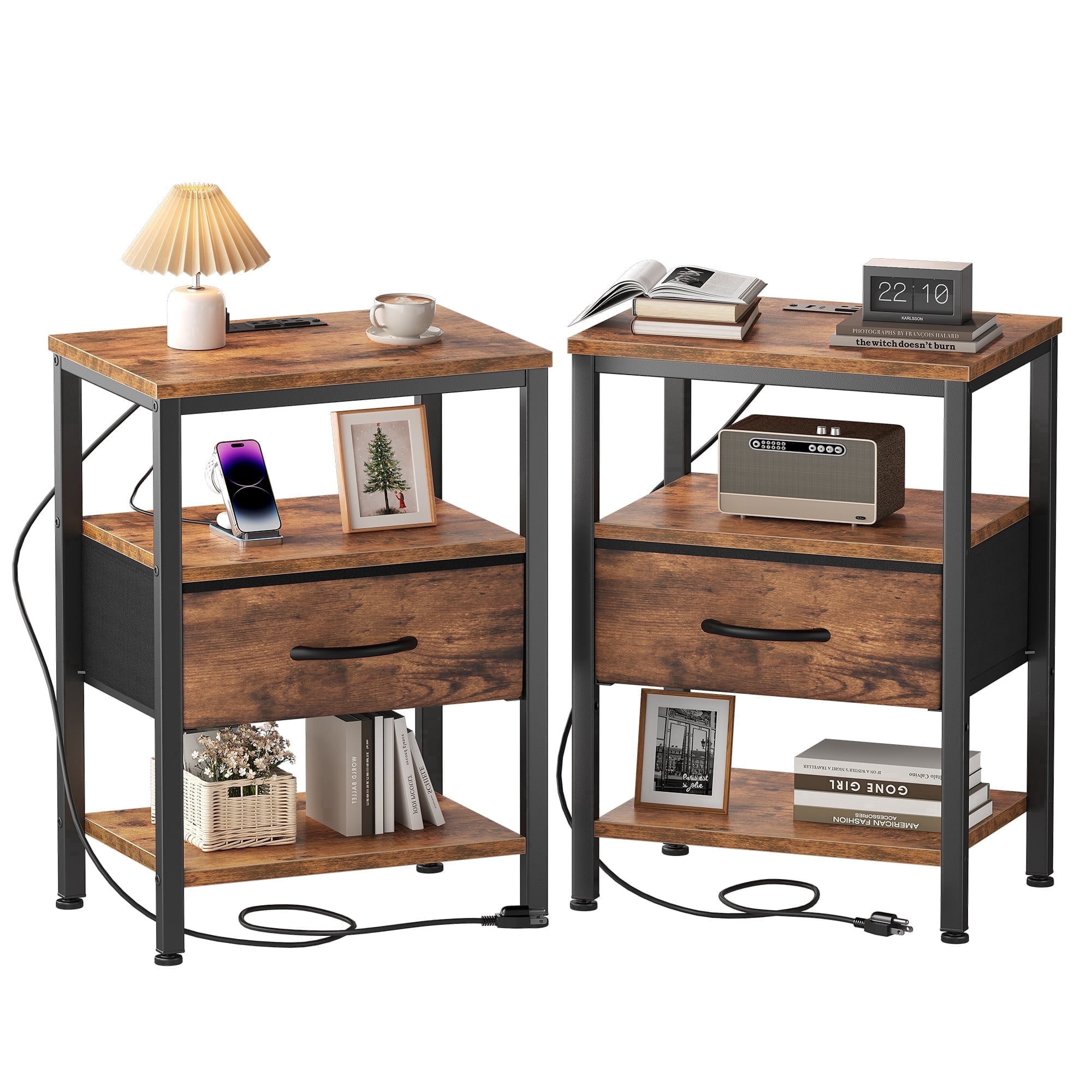 Mini Computer Night Stand CONCETTA Set of 2 Small Night Stand with Charging Station, 1 Fabric ...