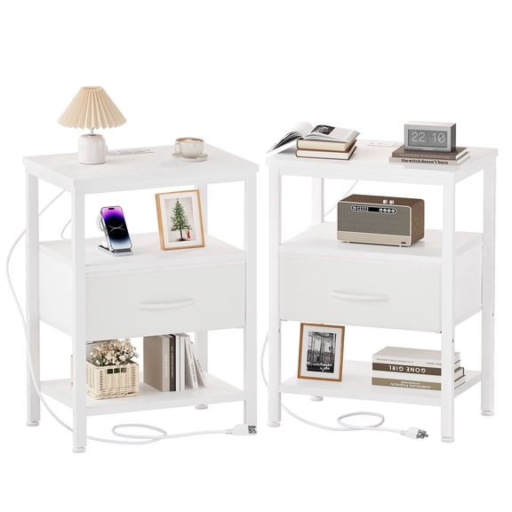 CONCETTA Set of 2 Small Night Stand with Charging Station, 1 Fabric Drawer, USB Ports and Outlets, Open Storage Shelf Bedside End Table for Bedroom, White