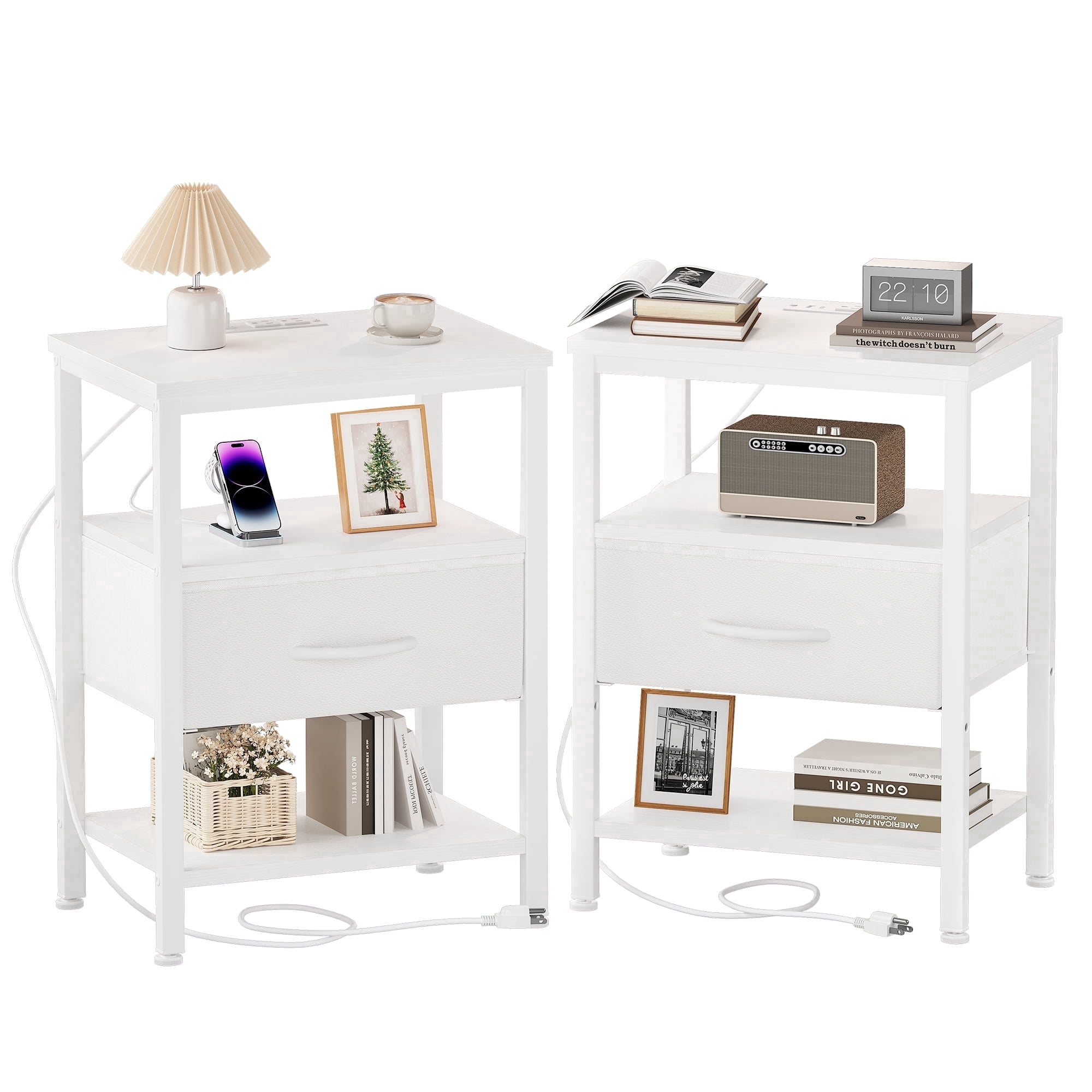 CONCETTA Set of 2 Small Night Stand with Charging Station, 1 Fabric Drawer, USB Ports and Outlets, Open Storage Shelf Bedside End Table for Bedroom, White