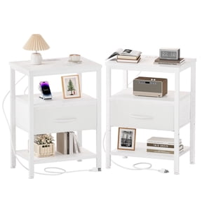 CONCETTA Set of 2 Small Night Stand with Charging Station, 1 Fabric Drawer, USB Ports and Outlets, Open Storage Shelf Bedside End Table for Bedroom, White
