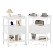 CONCETTA Set of 2 Small Night Stand with Charging Station, 1 Fabric Drawer, USB Ports and Outlets, Open Storage Shelf Bedside End Table for Bedroom, White