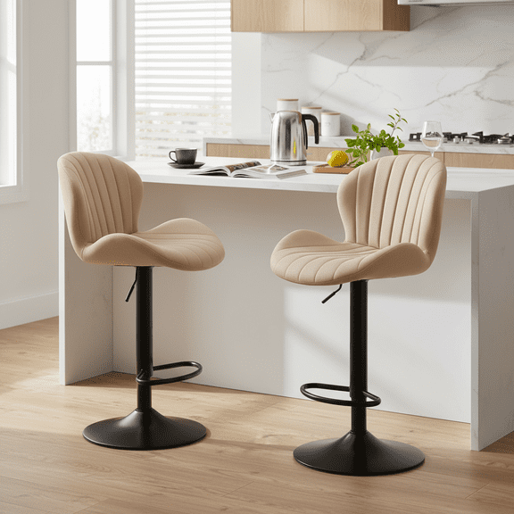 CONCETTA Set of 2 Swivel Bar Stools - Adjustable Height Modern Fabric Upholstered Barstools Counter Bar Chairs with Backrest for Kitchen Island & Home Bar, Beige