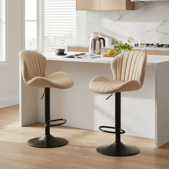 CONCETTA Set of 2 Swivel Bar Stools, Adjustable Height Modern Fabric Upholstered Barstools Counter Bar Chairs with Backrest for Kitchen Island & Home Bar, Beige