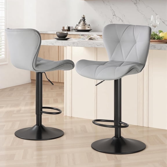 CONCETTA Set of 2 Swivel Bar Stools, Adjustable Height Modern Faux Leather Barstools Counter Bar Chairs with Backrest for Kitchen Island & Home Bar, Gray