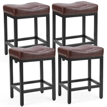 CONCETTA Set of 4 Bar Stools - 24in Counter Height, Metal Base & PU Leather Seats, Brown