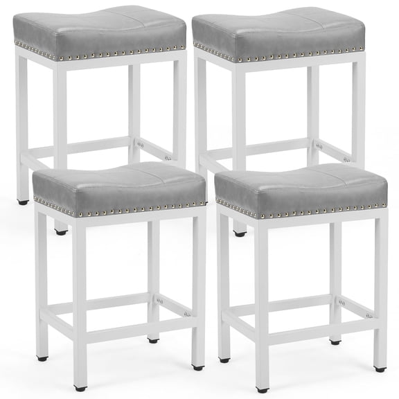 CONCETTA 24in Saddle Bar Stools Set of 4, Metal Base, PU Leather Seats with Foot Mat, Gray