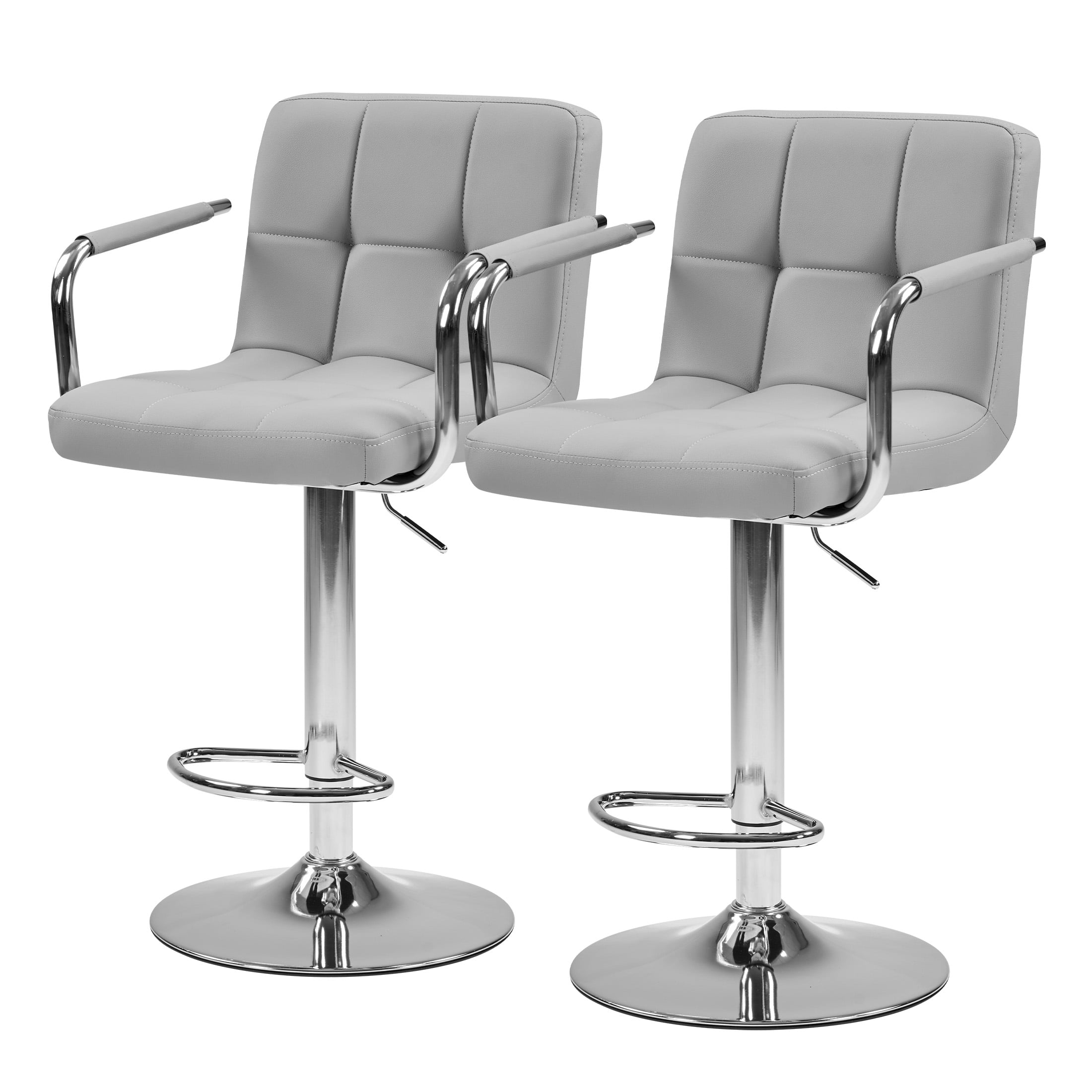 CONCETTA Set Of 2 Swivel Bar Stools With Armrests, Made of Adjustable Pu Leather with Back & Footrest,Gray