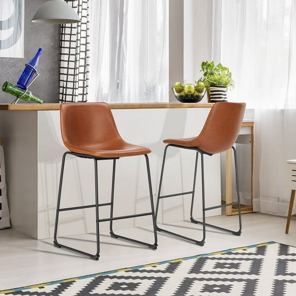 CONCETTA Set of 2 Brown 30" Counter Stools, Faux Leather Barstools with Back & Metal Base for Dining