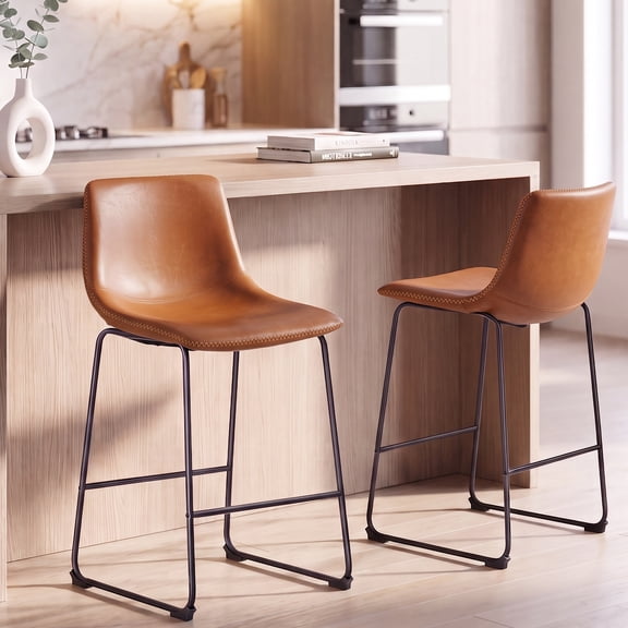 CONCETTA 30in Counter Height Bar Stools Set of 2, Mid Back Armless Barstools with Metal Base and Footrest, Brown